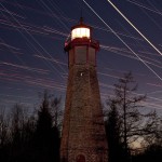 Venus and Jupiter conjunction 2012 and aircraft trails over Gibraltar Point Lighthouse, Toronto Islands